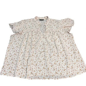 Lane Bryant Size 26 Ruffle Neck Floral Blouse | Cream Pink Boho Peasant Top